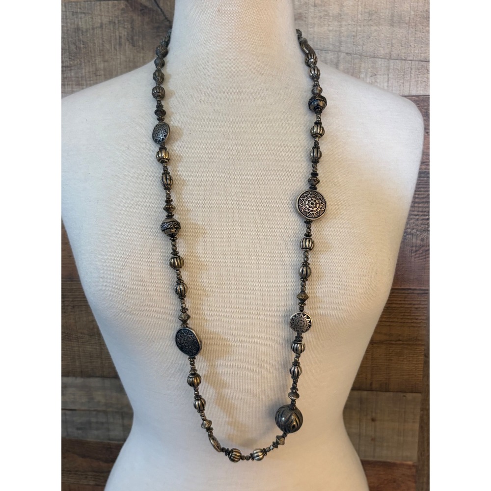 Antique Silver Tone Long Boho Beaded Necklace Sunburst Medallions 40 Inch